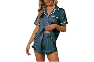 FAVIPT Satin Pajama Set For Women Soft Two Piece Pj Sets Short Sleeve Silk Button Down Shirts Shorts Casual Loungewear Set