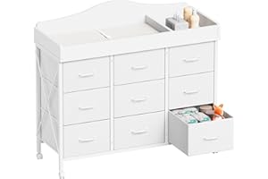 YeTom Baby Changing Table with 9 Fabric Drawers, Waterproof Diaper Changing Station & Pad, Mobile Nursery Diaper Changing Table, Baby Furniture, Bedroom, White