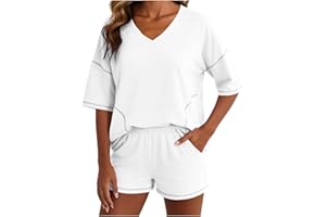 Women 2 Piece V Neck Matching Lounge Sets Clothing Spring Short Sleeve Shirt and Shorts Summer Airport Outfits