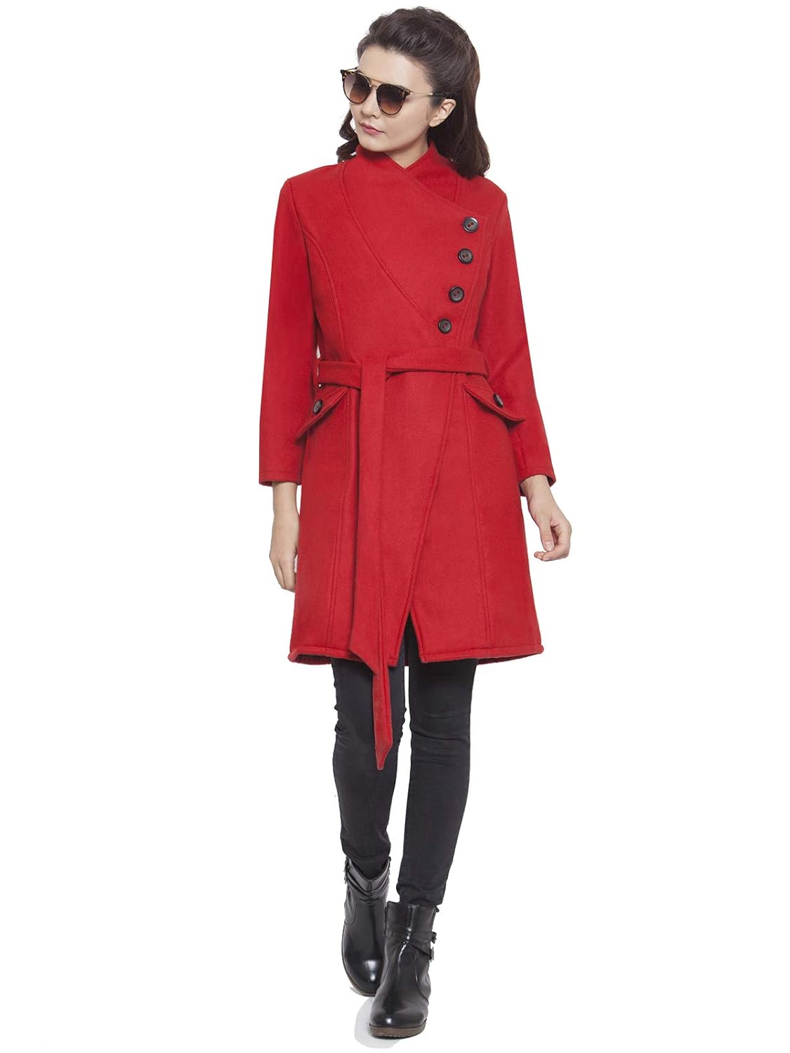 martini women red asymmetric belt long woolen coat