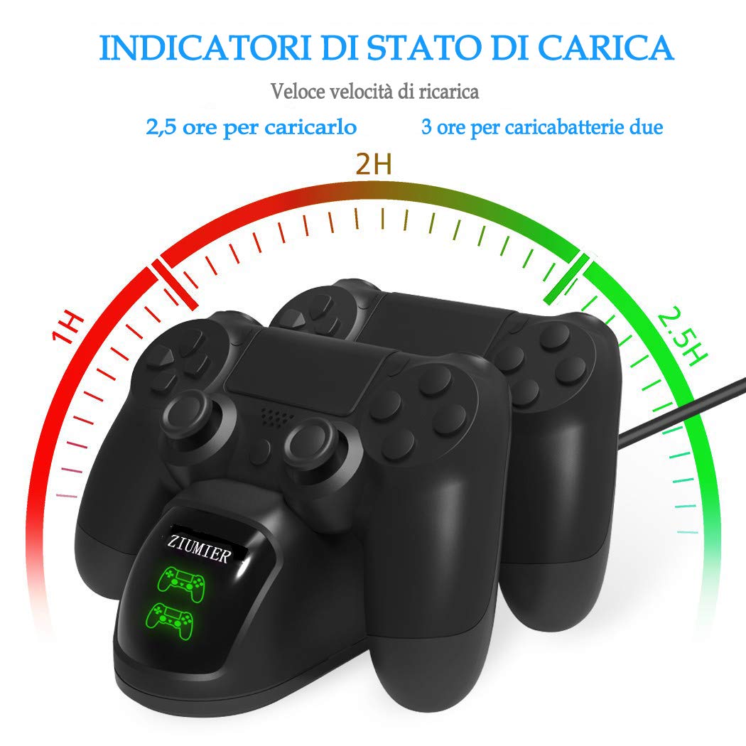 PS4 Controller Gaming Caricabatteria,Stazione di Ricarica con Indicatore LED, Caricabatterie PS4 Funziona con Joypad, PlayStation 4, PS4 Slim e PS4 Pro