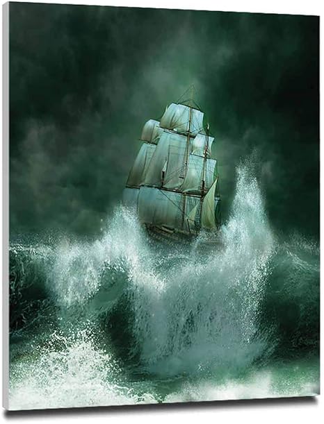 Amazon Co Jp 海賊船 風景写真 ホームデコレーション用 40x50cm 壁絵 新築飾り 贈り物 玄関飾やリビング飾りなどに最適です新築飾り 贈り物 雷雨のデジタルアートワークファンタジーアドベンチャージェイドグリーンダークグリーンホワイトの古い船 Home Kitchen