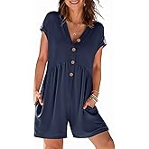 MEROKEETY Womens Romper Summer 2026 Casual Cap Sleeve V neck Button Short Jumpsuit Beach Vacation Outfits with Pockets