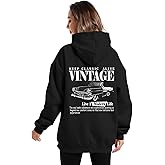 QISSYILY Oversized Graphic Hoodies for Women Vintage Car Letter Printed Hoodie with Pocket Streetwear Fleece Hooded Pullover