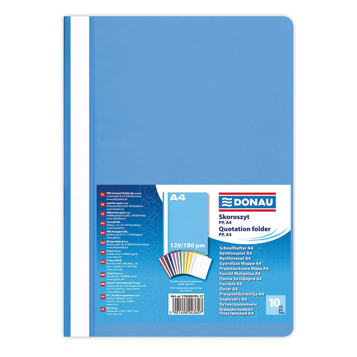 DONAU 1702001PL-17 Plastic File Folder A4 Light Blue Plastic Made of Eco Polypropylene Film 120/180 µm with Transparent Cover for Office and School Capacity Approx. 200 Sheets Pack of 10