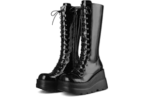 CELNEPHO Womens High Platform Mid Calf Wedges Chunky High Heel Round-Toe Side Zip Punk Combat Boots For Women