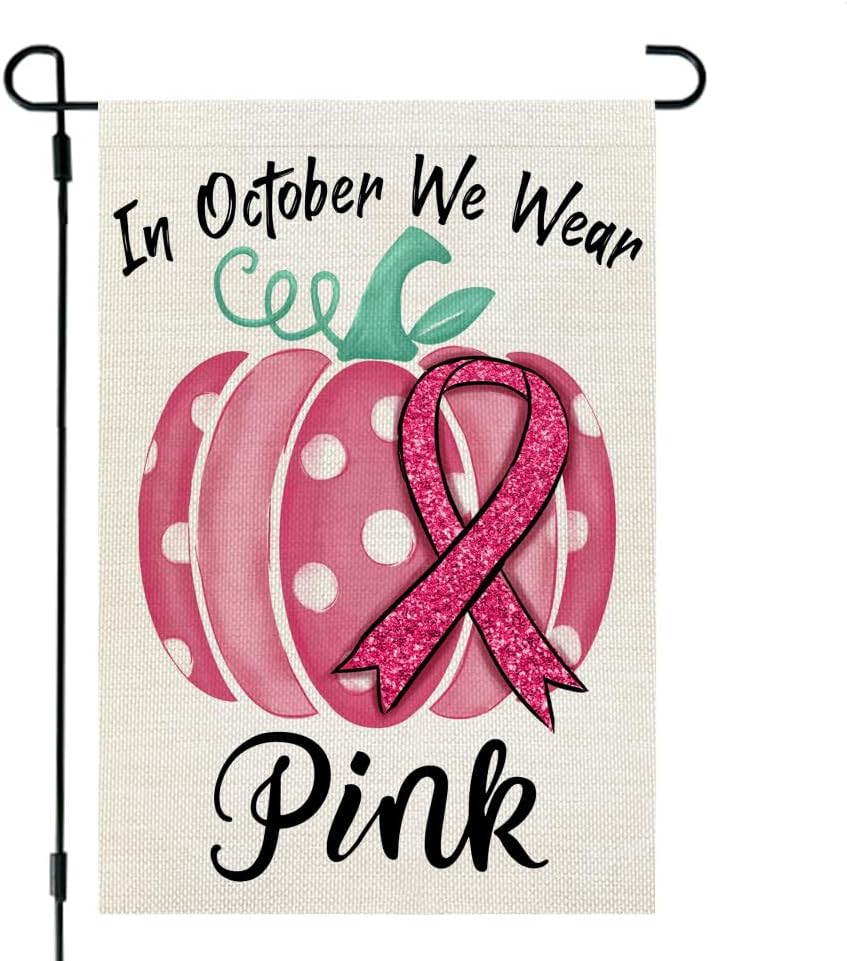 Flags - CROWNED BEAUTY Breast Cancer Awareness Garden Flag for Outside 12x18 Inch Double Sided Small Burlap Pink Ribbon Pumpkin October Yard Flag CF1196-12
