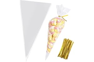 Morepack Cone Shaped Treat Bags, 6.3x11.8 Inches Clear Cone Shaped Cellophane Treat Bags, Triangle Plastic Bag for Popcorn Favor, Candy,100 Pieces