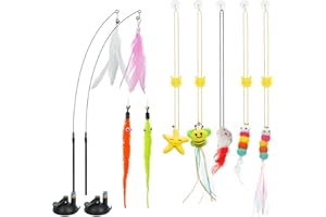 Atosun Cat Toys, Interactive Cat Feather Toy for Indoor Cats, 2PCS Suction Cup with Feather Replacement for Kitty, 6PCS Hanging String Cat Toys for Kitty Cats Play Chase Exercise.