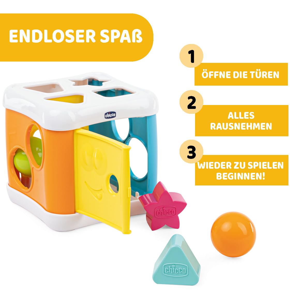 Chicco 2 IN 1 SORTIER & SCHLAGWÜRFEL, Sortieraktivität mit 4 Formen auf Zwei Würfelseiten mit Hammer für 2 Kugel, bunt, 10M+ 6