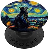 Whimsical Black Cat Under Starry Night for Cat Lover PopSockets Adhesive PopGrip
