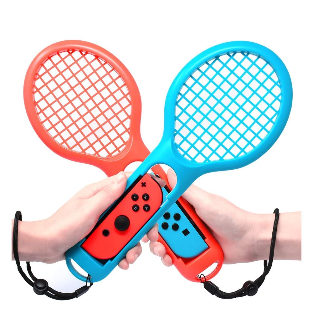 Fiimoo Tennis Racket for Nintendo Switch 【2 Pack】 Joy Con Controller Grip Sports Game Accessories for Mario Tennis Aces (Blue & Red)