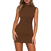 Pungdra Women's Sexy Mock Neck Dress for Women Sleeveless Ruched Bodycon Dresses Turtle Neck Cocktail Party Mini Dress