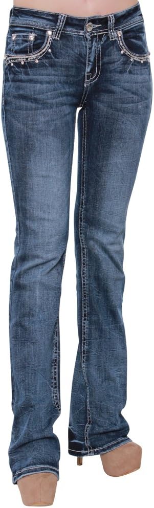 Sexy Couture S201-PB Women Rhienestone Embroidery Flap Rear Pocket Bootcut Jeans,Denim,17