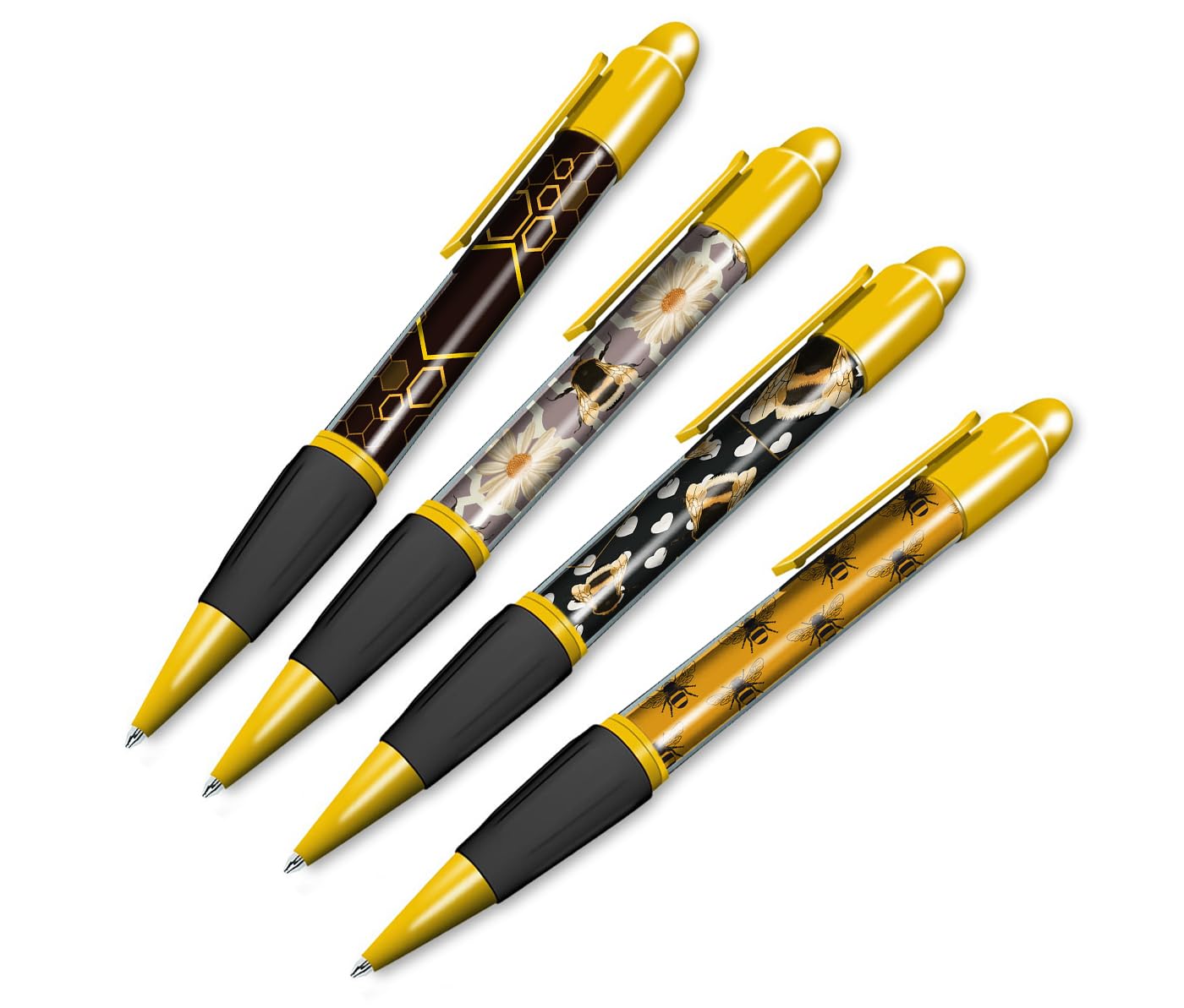 DV DESIGN Set of 4 Bumble Bee Yellow Ballpoint Pens - Art Deco Abstract Insect Queen Bees Animal Pattern Themed Boys Girls Men Women Pen Gift #79587