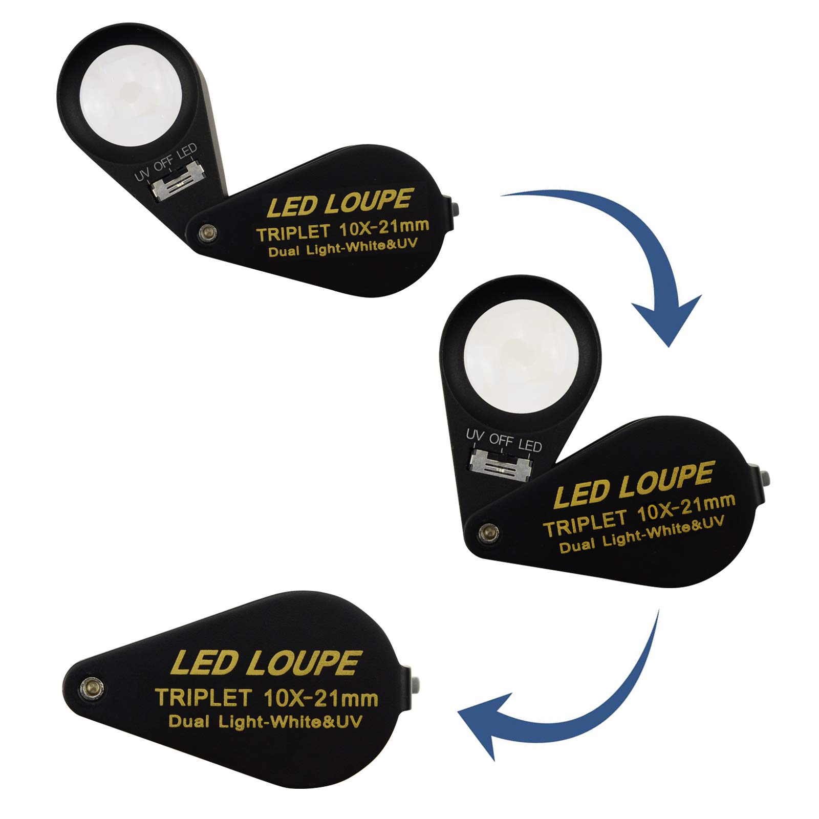 10x Magnifier Jewelry Loupe LED UV 21mm Triplet Lens Optical Glass Pocket Gem Magnifying Tool Jeweler, Stamp Philatelist, Coin Numismatic