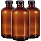 3 Pack,16 OZ Amber Glass Bottles Boston Round Sample Refillable Bottles with Black Caps, Perfect Glass Containers for kombucha, Secondary Fermentation,Storing condiment,Homemade Essential Oils