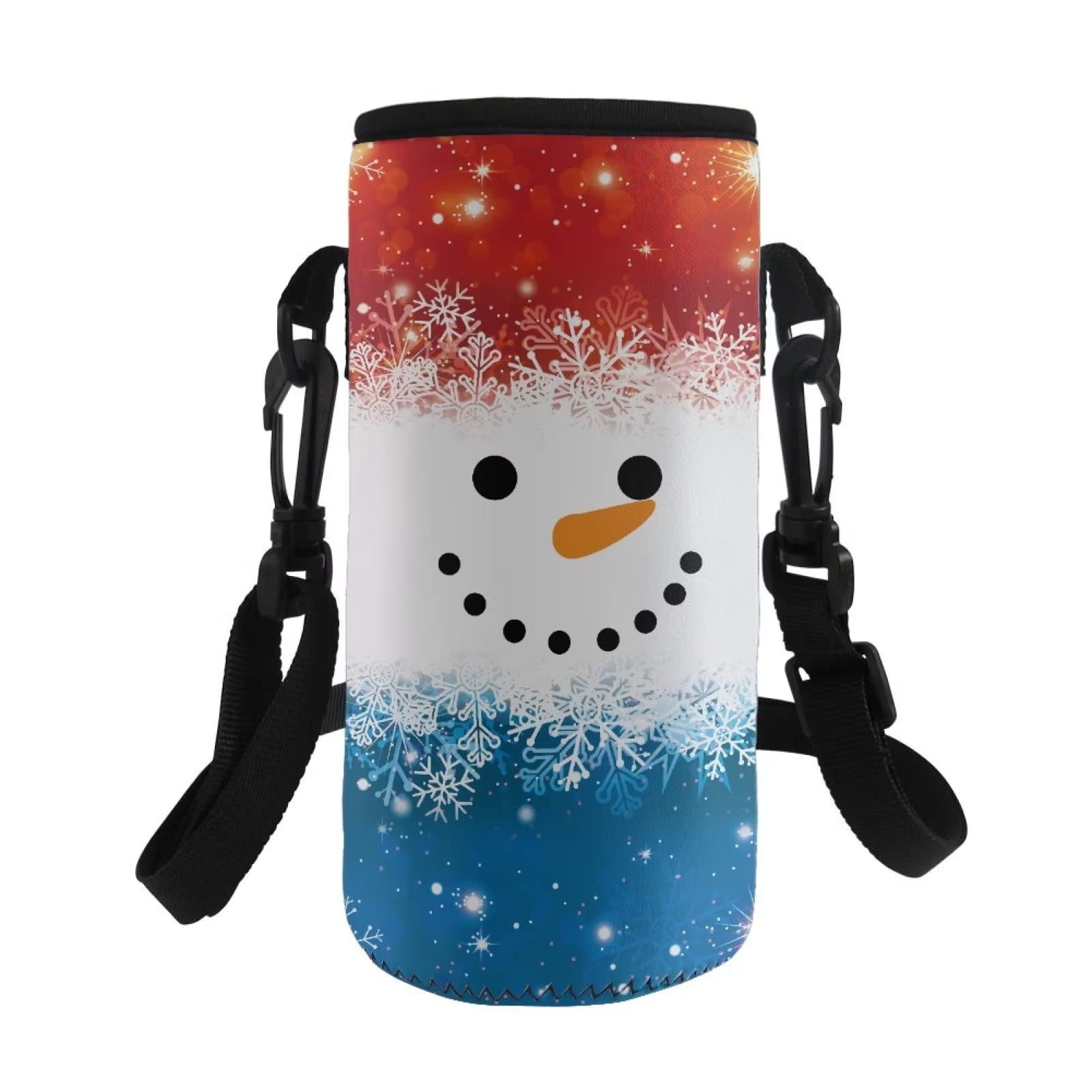 COEQINE Christmas Water Bottle Carrier Bag Adjustable Shoulder Strap for Kids Adult Hiking Walking School Insulated Water Bottle Sling Holder Bag Print Cute Snowman Blue Red — image 1