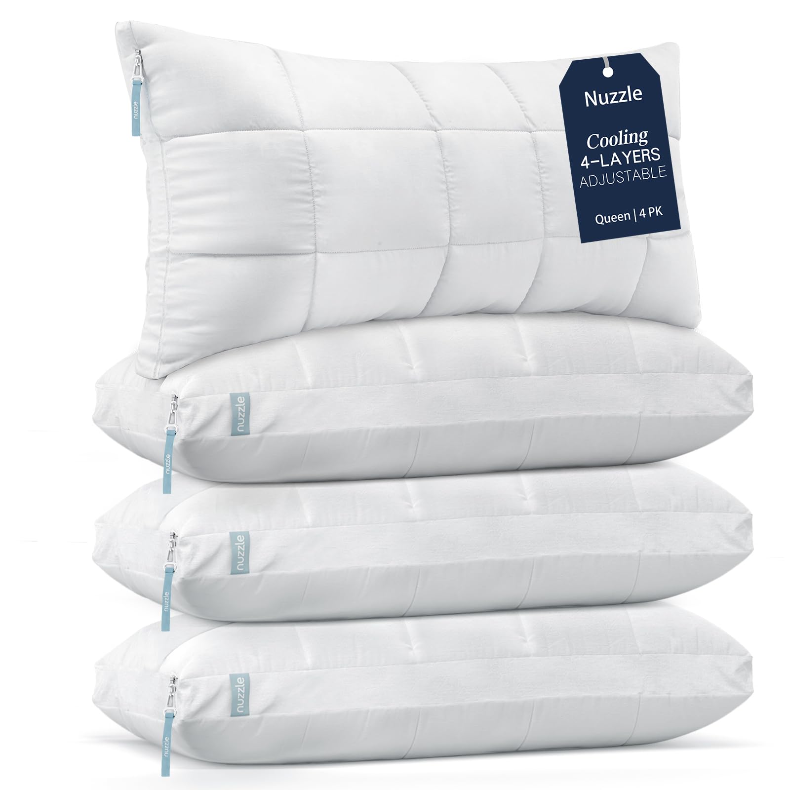 Nuzzle Pillows Queen Size Set of 4 Cooling Adjustable Pillows for Side Sleepers, Luxury Hotel Collection Bed Pillows – Best Adjust Height Soft Firm Pillows for Back, Stomach and Side Sleepers