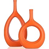 2Pcs Ceramic Vase Orange,Orange Hollow Flower Vase for Decor,Modern Decorative Orange Vase for Flowers Decor Centerpieces,Far