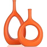Orange Ceramic Vase Set 2,Modern Hollow Circle with Hole Flower Vase for Home Decor,for Table Centerpieces,Farmhouse,Fire Place,Living Room,Bedroom,Office,Bookshelf,Rustic Decor