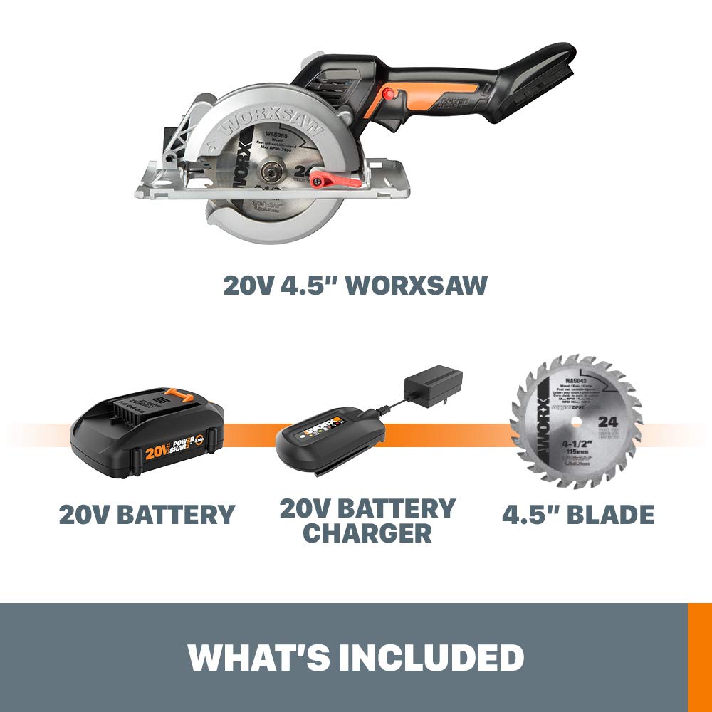 Worx WX531L 20V Cordless Compact Circular Saw – 4.5" WORXSAW, Brushless, 0-46° Bevel