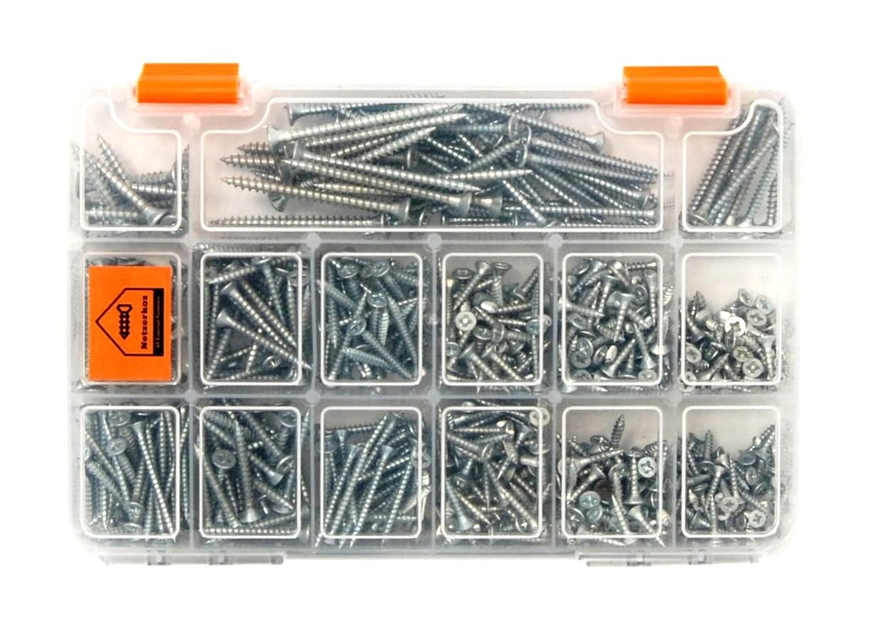 Netzerkoz 555 Pieces Wood Screws Set - 16 Types Phillips Countersunk Screws - Stainless Steel Chipboard Screws Assortment with Storage Box - Screws Set with Many Different Screws