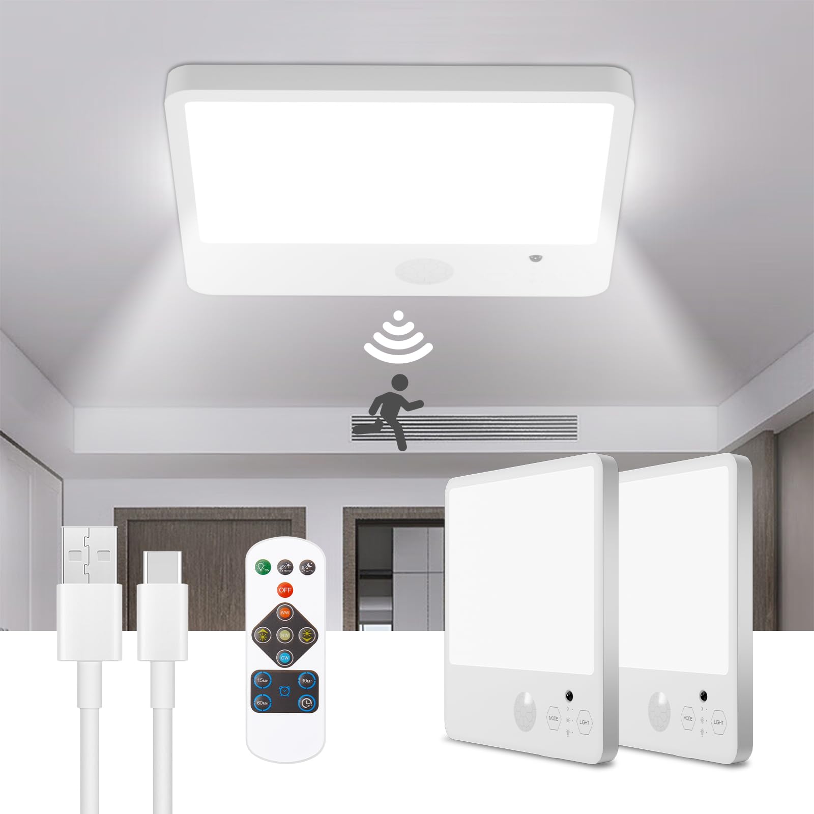 Photo 1 of 2Pcs Battery Operated Ceiling Lights Rechargeable Motion Sensor Light Indoor Wireless Shower Light with Remote 7.48in Dimmable Motion Activated Lamp for Closet,Magnetic Ceiling Light Battery Powered