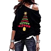 CHUNTIANRAN Women's Casual Off Shoulder Sweatshirt Tops Funny Plaid Christmas Tree Raglan Shirts Slash Neck Loose Blouse