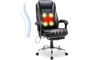 HOMREST 4-Point Massage Reclining Office Chair, Leather Heating Executive Chair, Ergonomic Home Office Desk Chair with Retractable Footrest,Computer Chair for Home Office, Study, Gaming (Black)