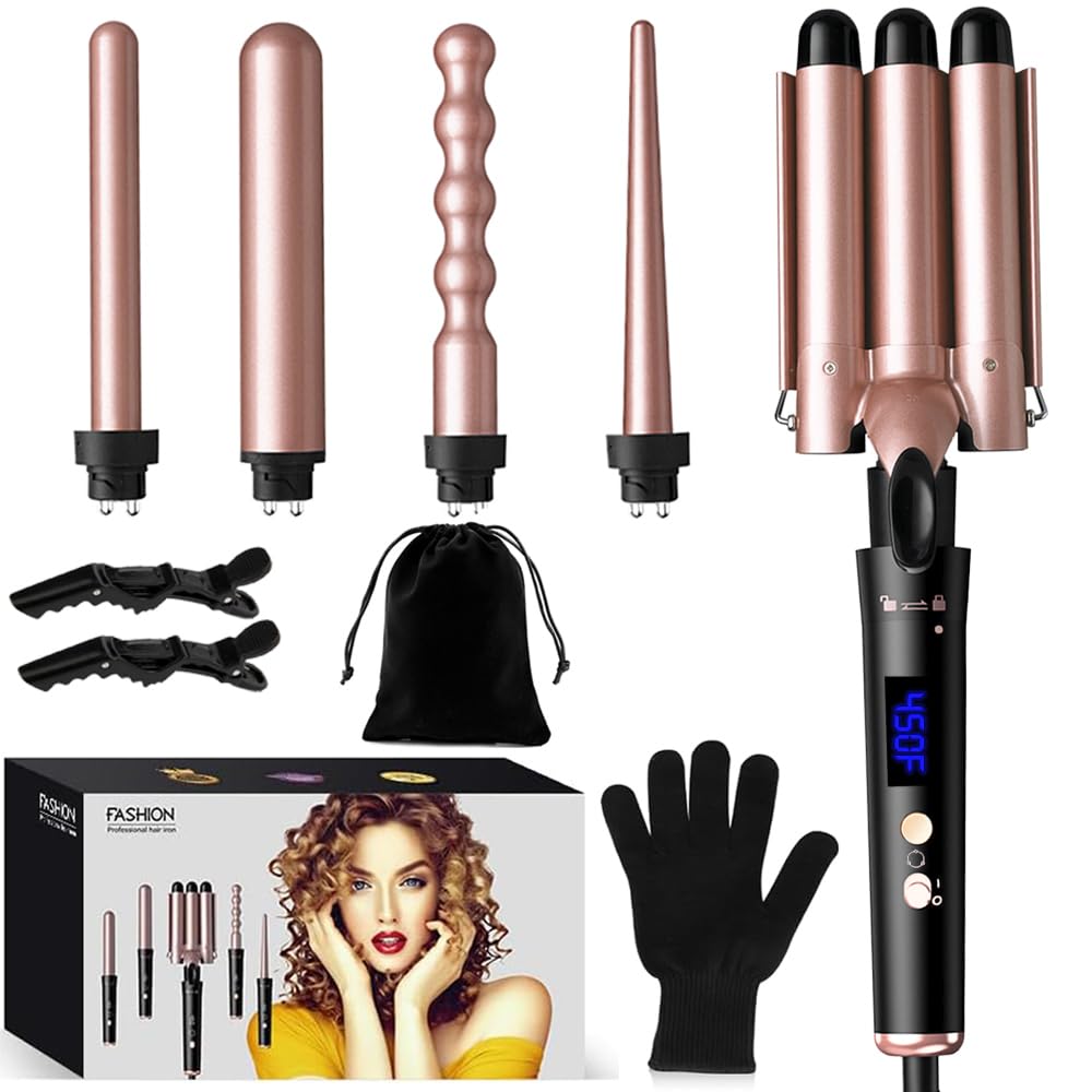 Photo 1 of 5 in 1 Curling Iron Set,Curling Iron Wand with 3 Barrel Hair Crimper(1.1inch) and 4 Interchangeable Ceramic Curling Wand(0.35"-1.25"), 4 Temp Heating Setting,Contain Protective Glove & 2 Clips