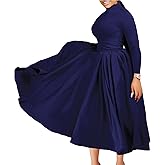 Women's Long Sleeve Maxi Dress High Waist Ruched A Line Swing Cocktail Party Dresses Plus Size