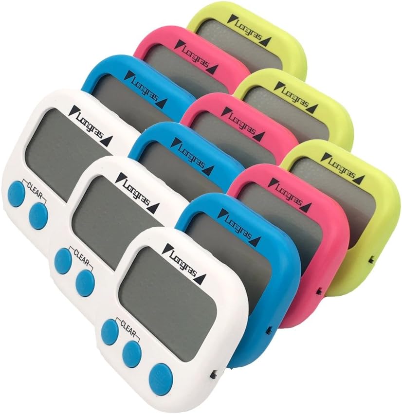 Longras Digital Timer, Kitchen Timer, Large Display, Magnetic back with stand, 4 Colors, 12 Pack