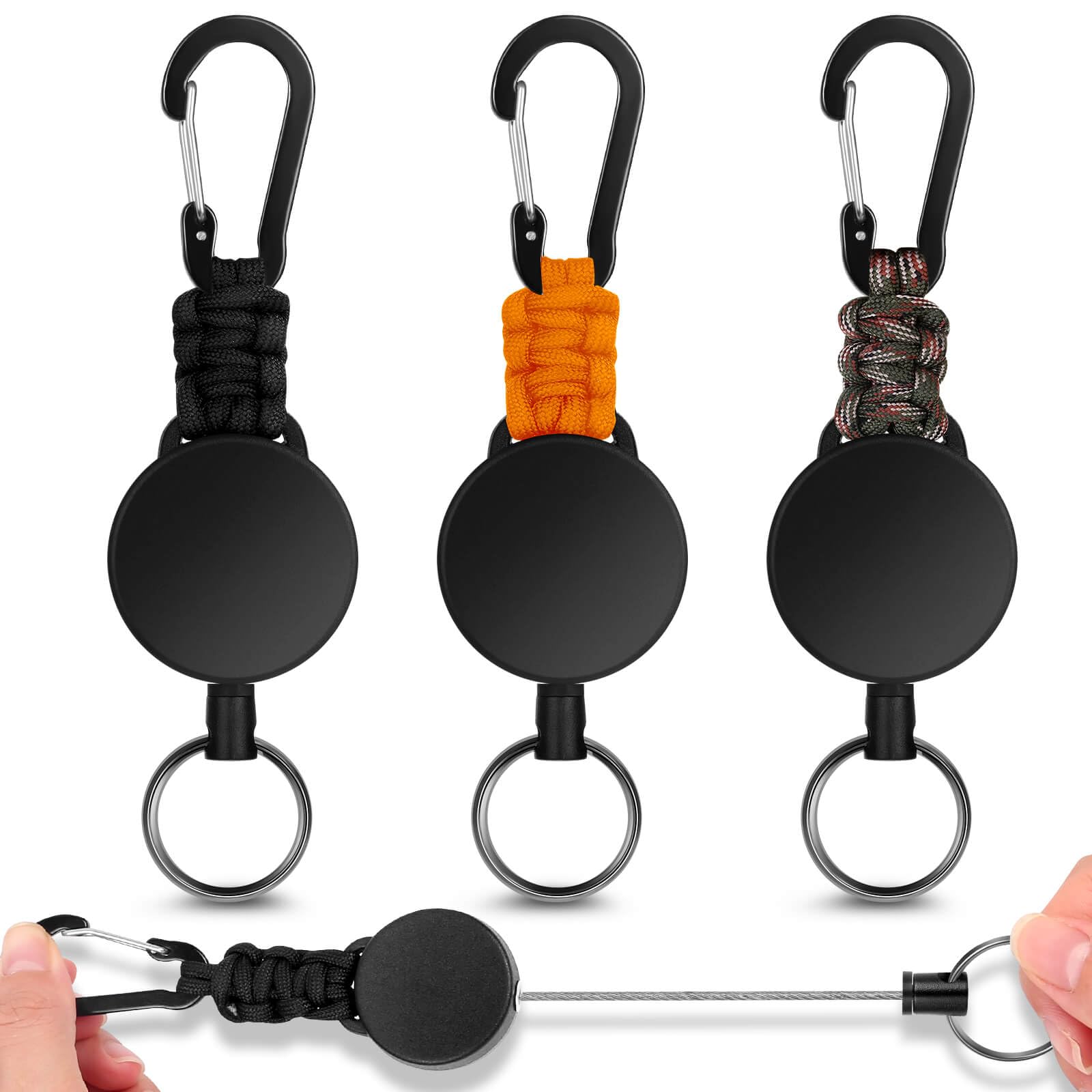 Selizo Retractable ID Badge Holder, 3-Piece Lanyard with 60cm Extendable Steel Wire, Badge Reel & Carabiner for Ski Pass and Keychain (Metal Wire), WA0344