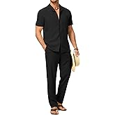 Dokotoo Men Men's Beach Outfit 2 Piece Casual Button Down Shirt Short Sleeve Loose Shirts and Pants Vacation Sets for Men