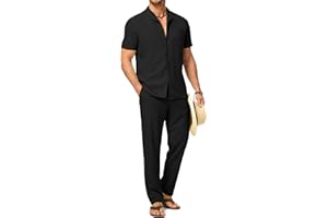 Dokotoo Men Men's Beach Outfit 2 Piece Casual Button Down Shirt Short Sleeve Loose Shirts and Pants Vacation Sets for Men