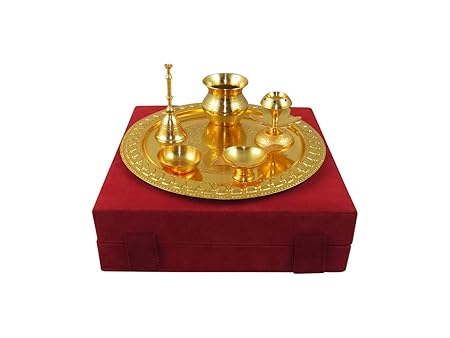 GoldGiftIdeas 9 Inch Antique Golden Silver Plated Pooja Thali Set, Pooja Thali Decorative, Wedding Gift