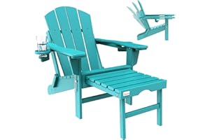 Mdeam Adjustable Backrest Adirondack Chair Folding Patio Lawn Outdoor Fire Pit Chairs Adirondack Chairs Weather Resistant with 2 Cup Holder/Adirondack Retractable Ottoman(Aruba Blue)