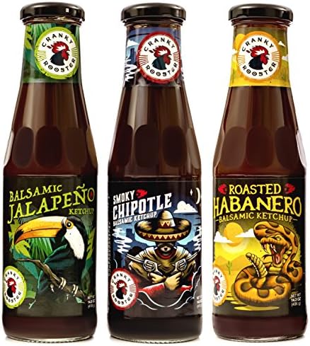 Cranky Rooster Original Small Batch Hot Chili Balsamic Vinegar Gourmet Ketchup, 3 Flavors: Jalapeno / Chipotle / Roasted Habanero