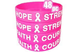 AISENO 48 Pcs Breast Cancer Awareness Pink Ribbon Bracelets Rubber Wristbands Strength Hope Faith Courage Party Wristband Supplies Unisex