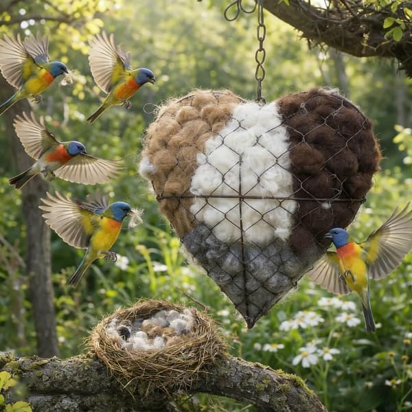 Handmade Fiber Bird Nesting Heart, Nesting Material for Wild Bird, Refillable Nesting Accessories, Hummingbird Nest/House, Outdoor Garden Decortion, Gifts for Bird/Nature Lovers (1pcs)