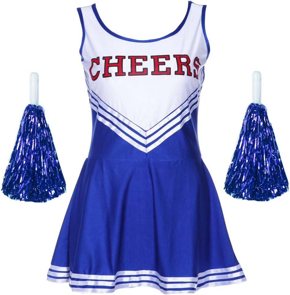 CWLN008 COLLEGE SPORTS Blue High School Cheerleader Ladies Girls Fancy Dress Costume Outfit Size M With Pom Poms