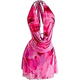 SOLY HUX Women's Tie Dye Mesh Halter Mini Dress Deep V Neck Draped Backless Sleeveless Vacation Summer Dresses