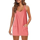 Panadila Womens Summer Sleeveless Mini Dress V Neck Spaghetti Strap Sundress Athletic Short Dress with Pockets