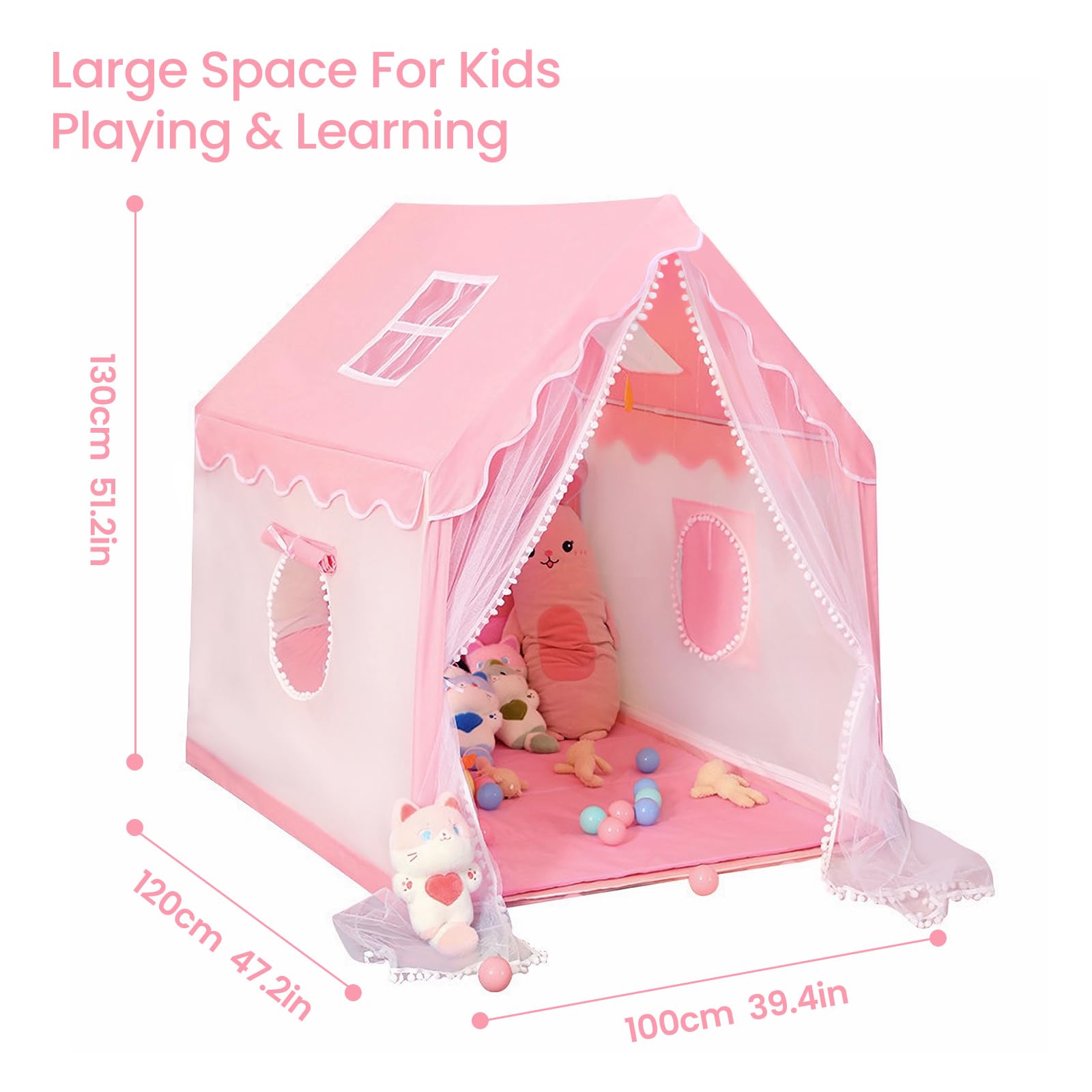 Kids Tent Play Tents for Toddler Children Indoor and Outdoor Large Pink Girls Princess Playhouse Castle with Windows Kids Room Furniture 47