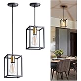 2 Pack Farmhouse Black and Gold Pendant Lights, Hanging Lamps for Living Room Entryway Foyer Indoor, Cage Lantern Kitchen Isl
