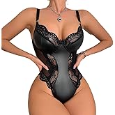 Climsphere Diary Lingerie for Women Sexy Leather Lace Bodysuit Push Up Snap Crotch Teddy One Piece Babydoll