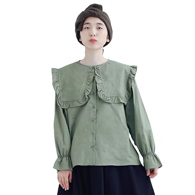 Amazon メルロー Merlot ビッグフリルカラーブラウス カーキ