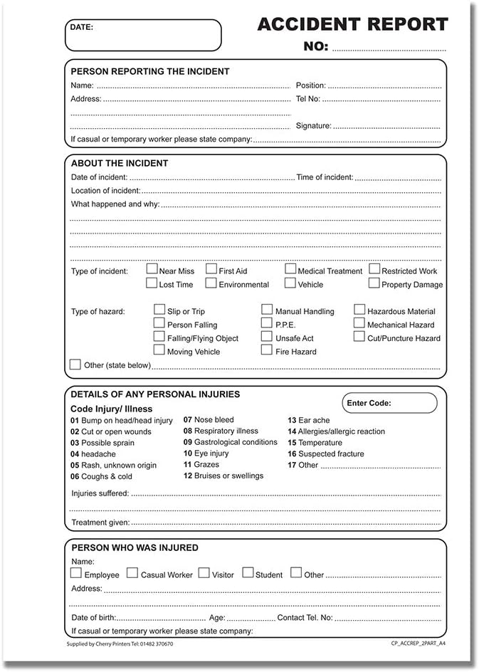 Cherry Printers NCR Accident Report Duplicate Book A4 50 Sets Carbonless - Image 4