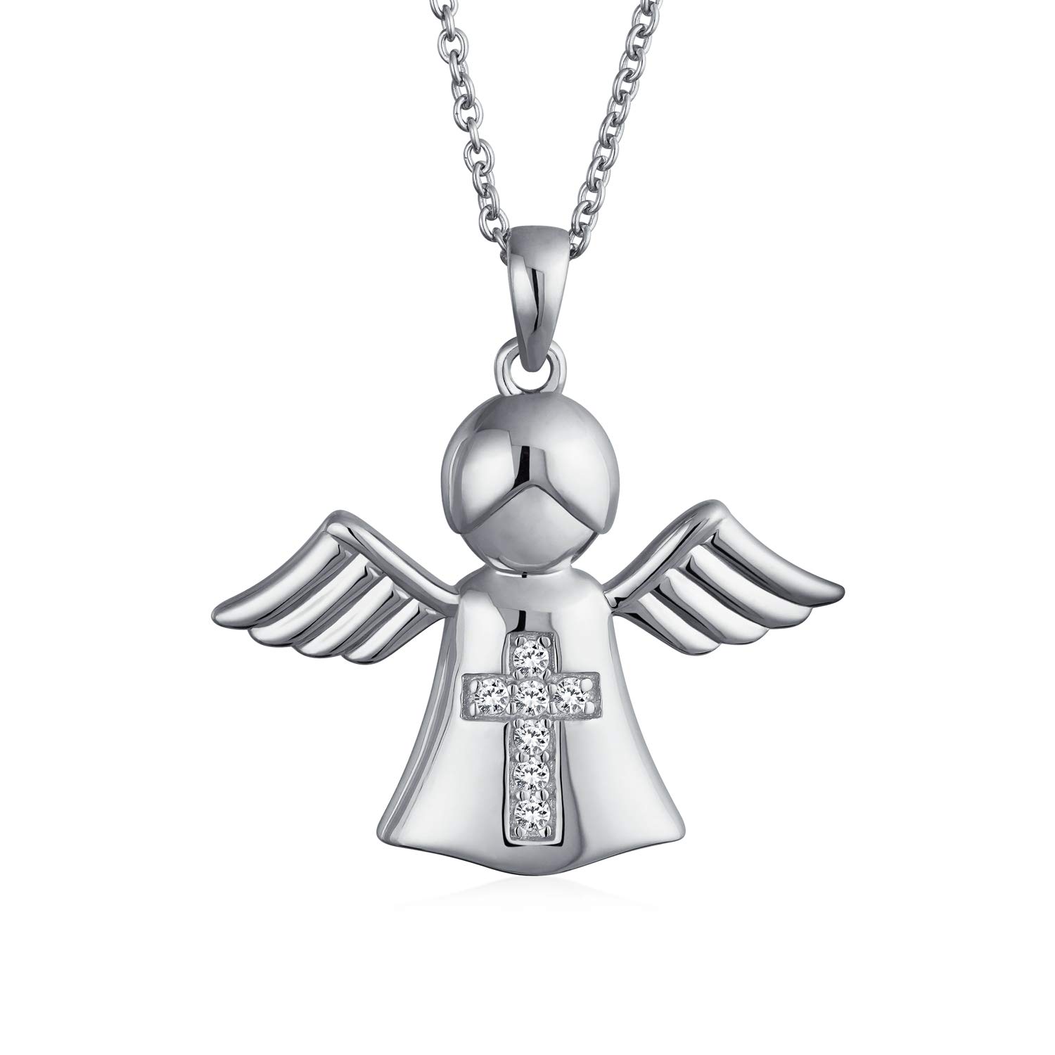 Bling Jewelry Tiny Petite CZ Accent Cross Protection Guardian Angel Pendant Necklace For Teen Women .925 Sterling Silver